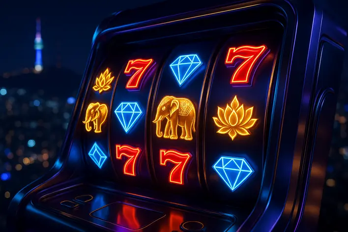 A futuristic 3D rendering of a digital slot machine with glowing neon reels, set against a blurred background of the Seoul skyline at night, symbolizing modern Korean slot promotions.