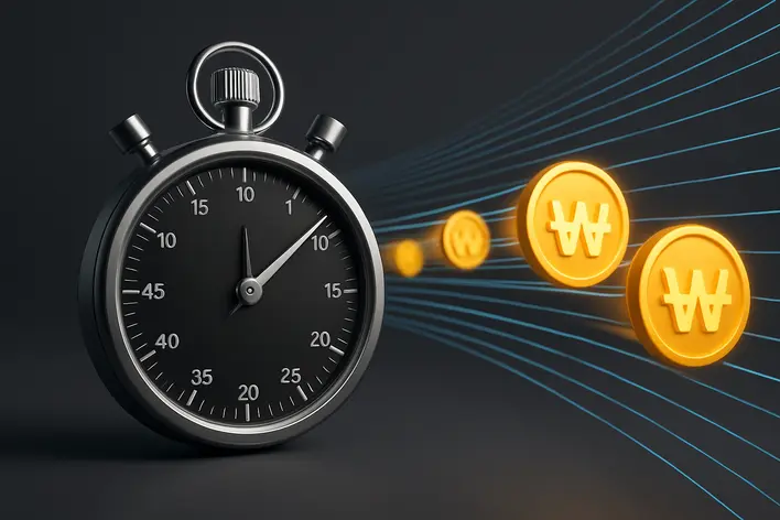 To visually represent the article's key selling point: the incredibly fast, 1-minute automated deposit and withdrawal system for Korean Won.
