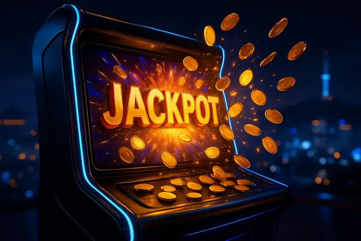 A futuristic digital slot machine screen showing a massive jackpot win with gold coins exploding, set against a blurred Korean city skyline at night.