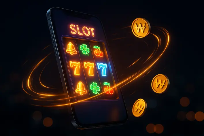 A modern smartphone showing a glowing online slot game, with stylized Korean Won coins and light streaks flying around it, symbolizing fast and exciting gameplay for Thais in Korea.