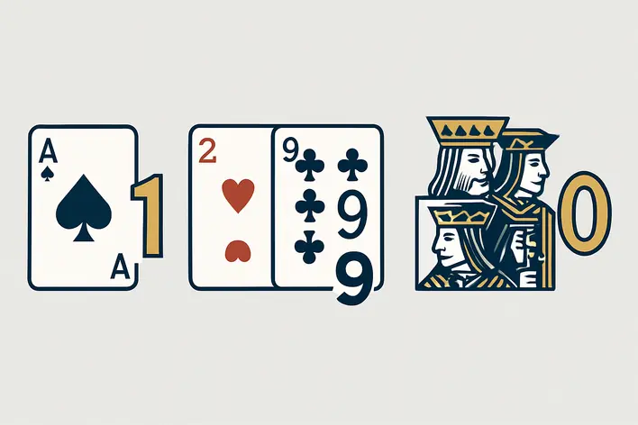 An infographic-style image to clearly and simply explain the card scoring system in Baccarat for new players.