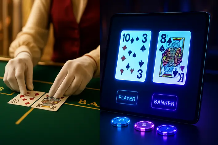 A split-screen image comparing Live Baccarat, showing a dealer's hands on a classic casino table, versus a digital Baccarat game with a futuristic neon interface.