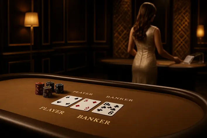To illustrate the premium, realistic, and trustworthy atmosphere of a Live Baccarat game broadcast from a professional studio.