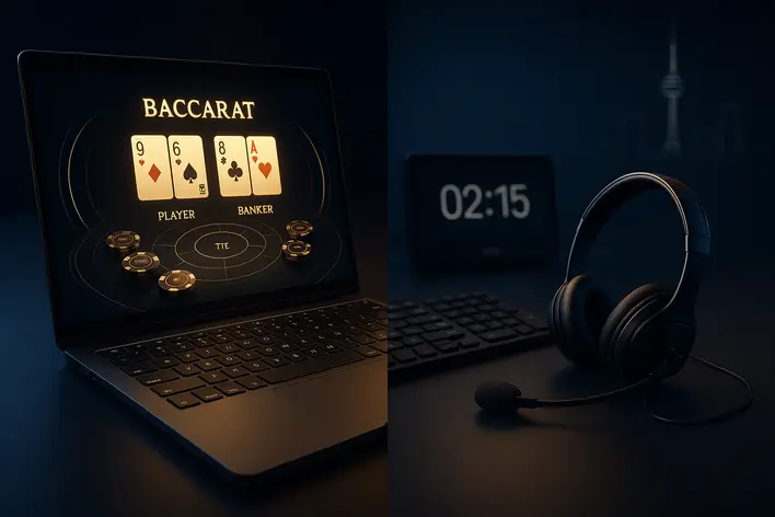 A professional setup illustrating UFA Korea 999's 24/7 support, with a glowing online baccarat game on a laptop next to a customer service headset, symbolizing trust and reliability for Thai players in Korea.
