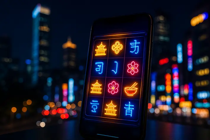 A modern smartphone showcasing a vibrant Korean online slot game, set against a blurred, neon-lit Seoul cityscape at night, representing digital entertainment for Thais in Korea.