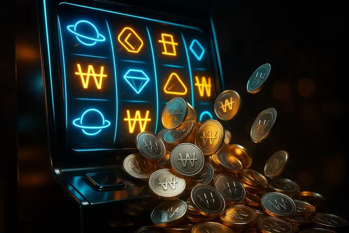 A modern, glowing digital slot machine screen with a shower of South Korean Won coins emerging from it, symbolizing the excitement of winning at online slots in Korea.