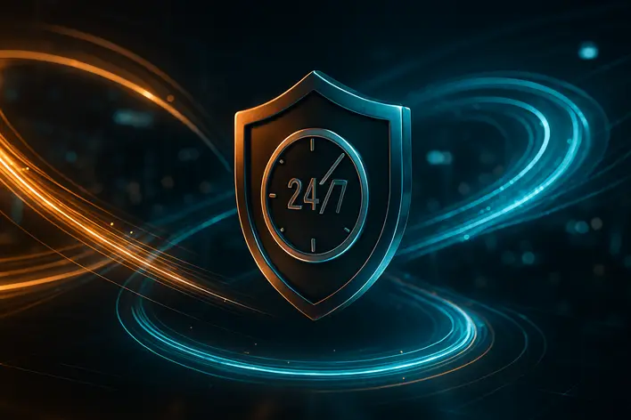 A high-tech digital art image showing glowing streams of data flowing around a secure shield icon with a 24/7 clock, representing the reliable deposit and withdrawal system of UFA Korea 999.