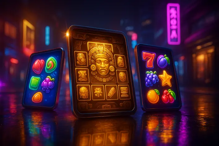 A dynamic collage of glowing screens showcasing different popular Korean slot game themes against a futuristic Seoul cityscape at night, representing a review of top providers.