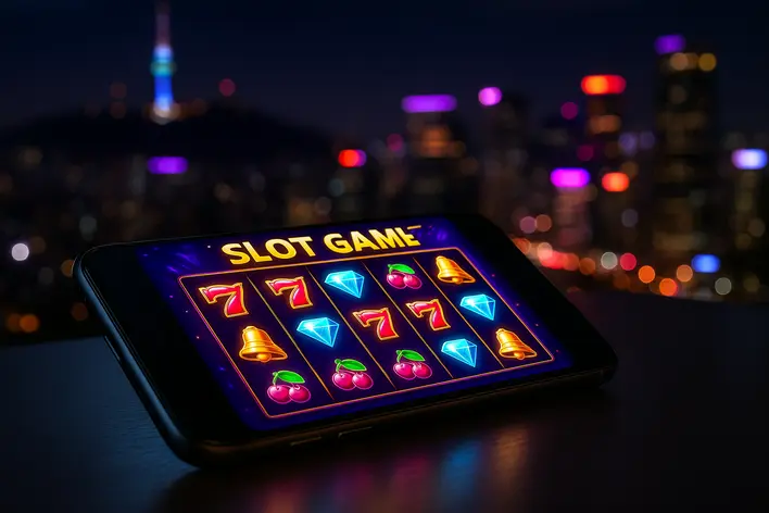 A modern smartphone displaying a colorful online slot game, set against a blurred background of a Korean city at night, illustrating a guide to playing slots in Korea.