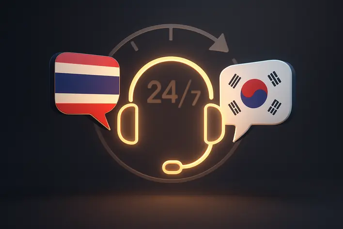 To illustrate the key feature of 24/7 bilingual customer support, combining Thai and Korean elements to show dedicated service for Thai users.