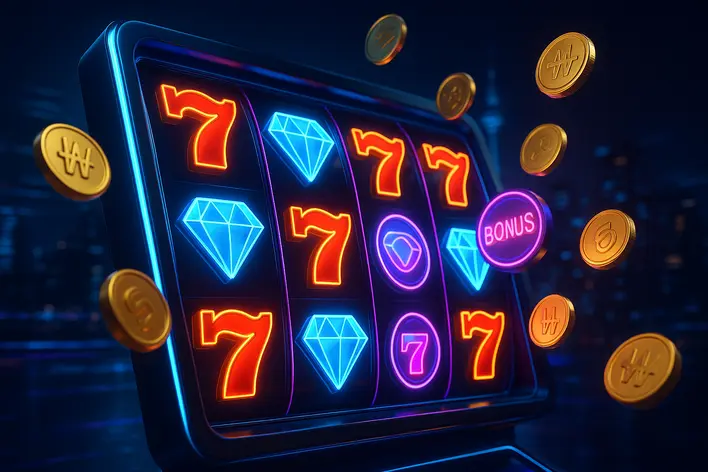 A dynamic 3D render of a futuristic online slot machine with glowing Korean Won coins and bonus symbols flying out, set against a neon-lit abstract Seoul cityscape background.