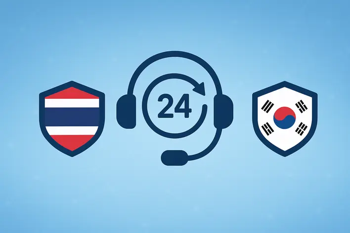 To visually represent the concept of reliable, 24/7 bilingual (Thai-Korean) customer support, emphasizing professionalism and accessibility.