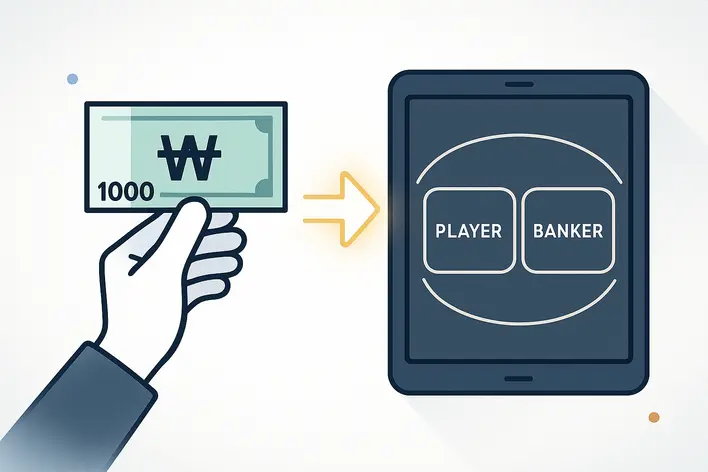 To illustrate the concept of 'Baccarat Won,' showing the seamless transaction of Korean currency directly into the online Baccarat game, highlighting convenience and speed.