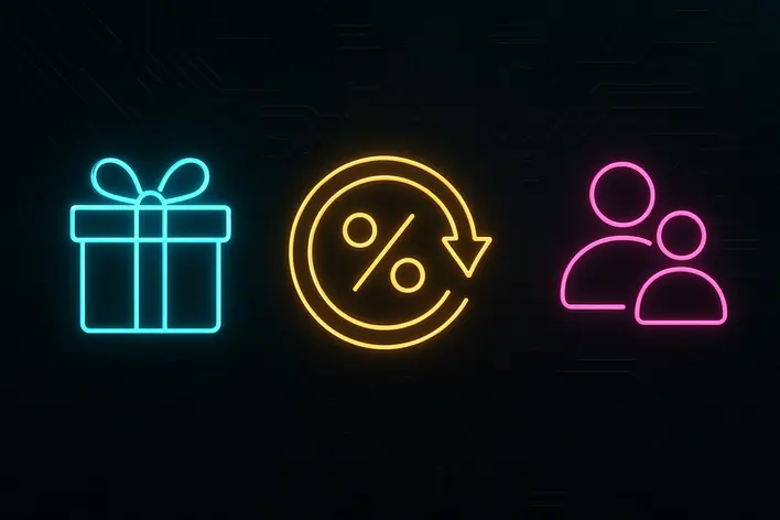 To visually represent the variety of promotions offered, such as the welcome bonus, cashback, and referral bonus, in a clean and modern way.