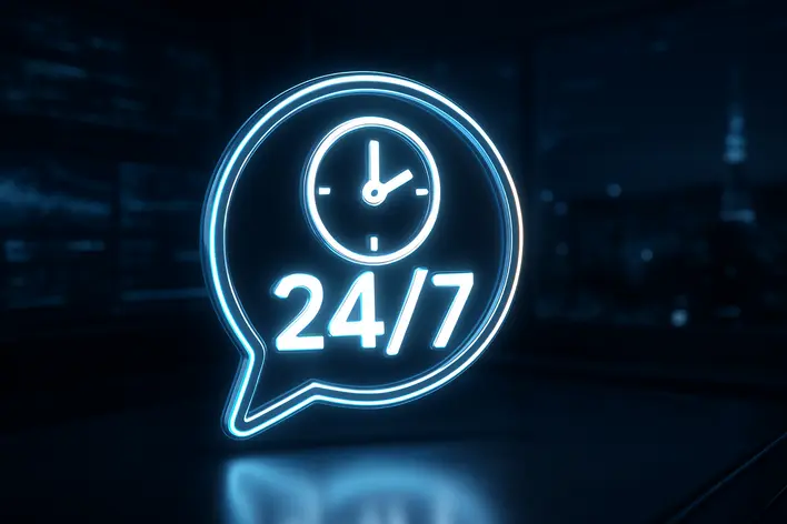 A 3D render of a glowing 24/7 support icon in a high-tech command center, representing the reliable and always-available customer service of UFA Korea 999.