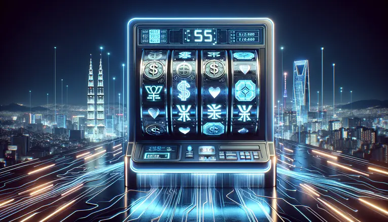 A futuristic digital slot machine glowing with blue neon lights, featuring Korean Won symbols on its reels against a backdrop of the Seoul skyline at night, representing the modern world of Korean online slots.