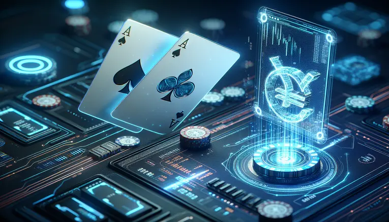A high-tech digital art image showing glowing baccarat cards and the South Korean Won symbol, representing secure online casino gaming and financial transactions in Korea.