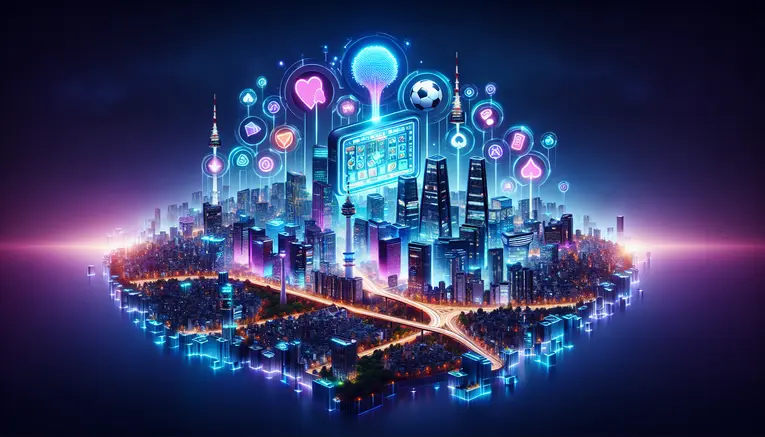A futuristic digital interface with glowing game icons set against a neon blue Seoul cityscape at night, representing a guide to online entertainment for Thais in South Korea.