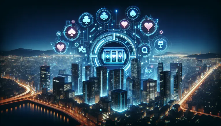 A futuristic digital interface with glowing gambling icons floating above a neon-blue nighttime view of the Seoul skyline, representing Ufabet for Thais in Korea.