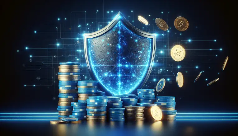 A glowing blue shield protecting a stack of casino chips and Korean Won coins, symbolizing the cashback promotion from UFA Korea 999 that returns losses to players.