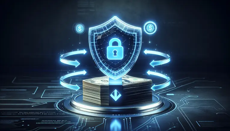 A 3D rendering of a blue security shield protecting a stack of Korean Won, with a circular arrow illustrating the cashback concept for trustworthy Korean gambling websites.