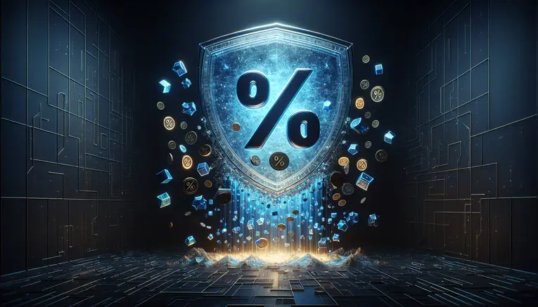 ภาพ 3 มิติแนวคิดโปรโมชั่นคืนยอดเสียคาสิโนออนไลน์: โล่สีน้ำเงินโปร่งแสงกำลังปกป้องและส่งเงินคืนที่เป็นเหรียญดิจิทัลกลับมาให้ผู้เล่น