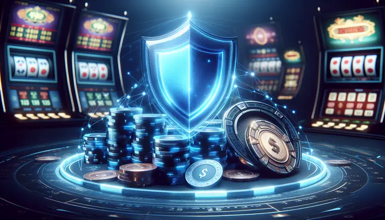 A glowing blue shield symbolizing a cashback promotion protecting a pile of Korean Won coins and casino chips, representing a smart strategy for playing online slots and baccarat.