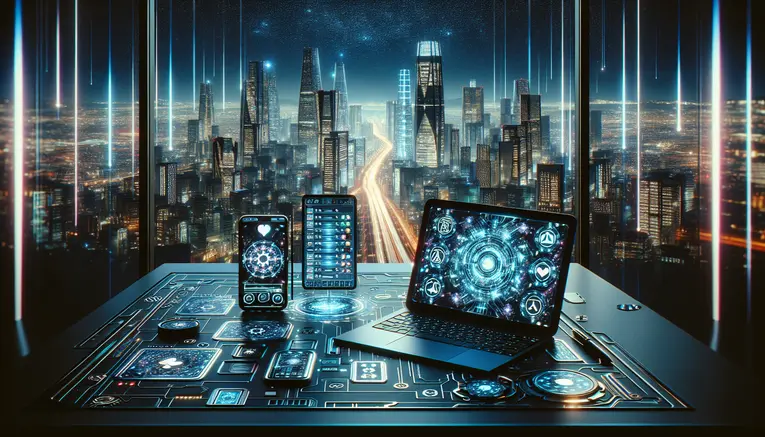 A secure and modern online gambling setup with a laptop and phone, overlooking a futuristic Seoul skyline at night, symbolizing safety for Thai players in Korea.