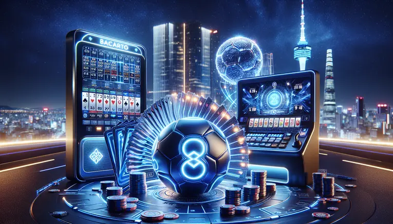 A dynamic digital art piece showing baccarat cards, a soccer ball, and the Korean Won symbol against a neon Seoul skyline, representing a guide to Korean online gambling for Thais.