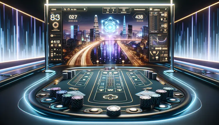 A sophisticated online baccarat table with glowing cards and chips, set against a digital interface and a night view of the Seoul skyline, representing a premium Korean baccarat site for Thais.
