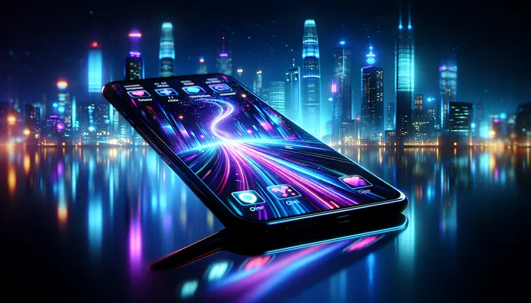 A modern smartphone displaying a glowing blue online casino interface, set against a blurred background of the Seoul cityscape at night, representing a guide to Korean online casinos for Thai players.