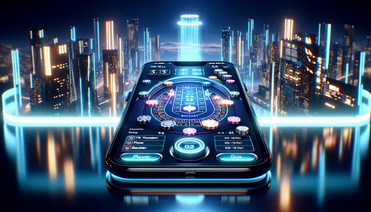 A sophisticated image representing UFA Korea 999's online baccarat platform, showing a glowing baccarat game on a smartphone with a modern Seoul skyline in the background.