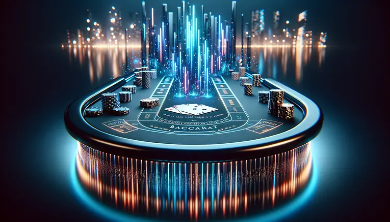 A luxurious and futuristic 3D render of a baccarat table with glowing cards and chips, set against a dark background with a blurred Seoul skyline, representing the premium online baccarat experience at UFA Korea 999.