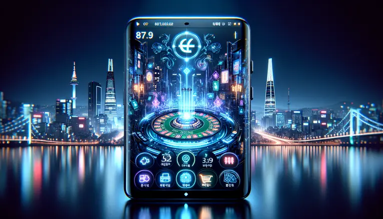 A modern smartphone displaying the UFAKOREA online casino interface, featuring baccarat and slot games, set against a sophisticated, blurred background of the Seoul skyline at night.