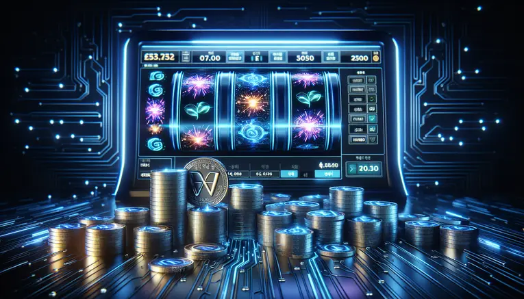 A modern, futuristic online slot machine with glowing blue neon lights, with a pile of shiny South Korean Won coins in the foreground, representing the concept of 'Won Slots'.
