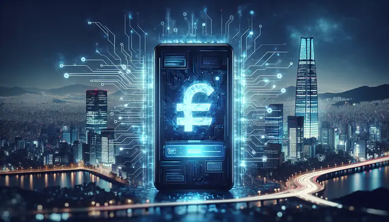 A futuristic visual representing a secure digital deposit of South Korean Won, with a smartphone showing a successful transaction against a backdrop of a digital Seoul skyline.