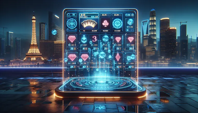 A sophisticated digital interface of a Korean online casino, with glowing icons for baccarat and slots, set against a futuristic Seoul skyline at night, representing the best gambling sites for Thais in Korea.