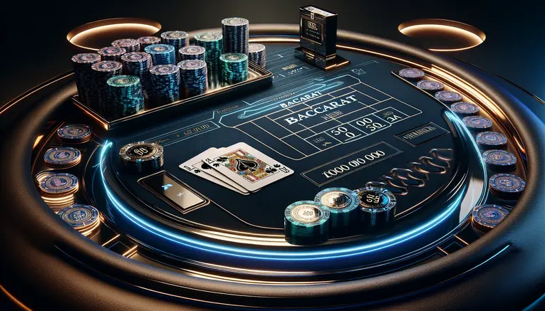 A luxurious digital baccarat table with glowing cards, casino chips, and a prominent stack of Korean Won banknotes, representing the UFA Korea 999 online casino for players in Korea.