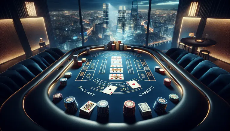 A luxurious Baccarat table with cards and chips, set against a blurred background of the Seoul skyline at night, representing a guide to playing Baccarat in Korea.