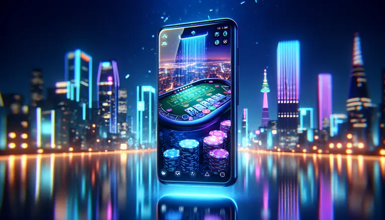 A futuristic image of a smartphone displaying a glowing blue online baccarat game, set against a blurred background of a modern Korean city at night, representing a guide to Korean Baccarat for Thais.
