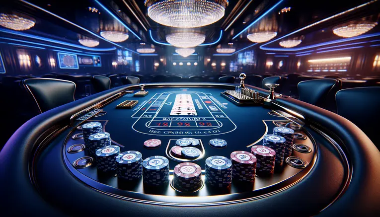 A luxurious Korean Baccarat table with a winning hand of cards for the Player, blue and white chips, and sophisticated blue lighting, illustrating the excitement of the game.