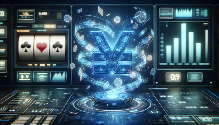 A futuristic 3D render showing a glowing blue Korean Won symbol connecting to holographic Baccarat cards and a slot machine, symbolizing UFAKOREA999's automated deposit system for online gaming.