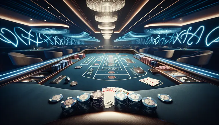 A luxurious and modern Baccarat table with cards for Player and Banker, stacks of chips, and glowing blue ambient light, representing strategic Korean Baccarat.