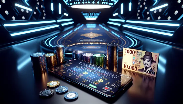 An elegant setup for playing online Korean Baccarat with a small budget, showing a few Korean Won coins next to a smartphone displaying the game interface with a blue neon glow.