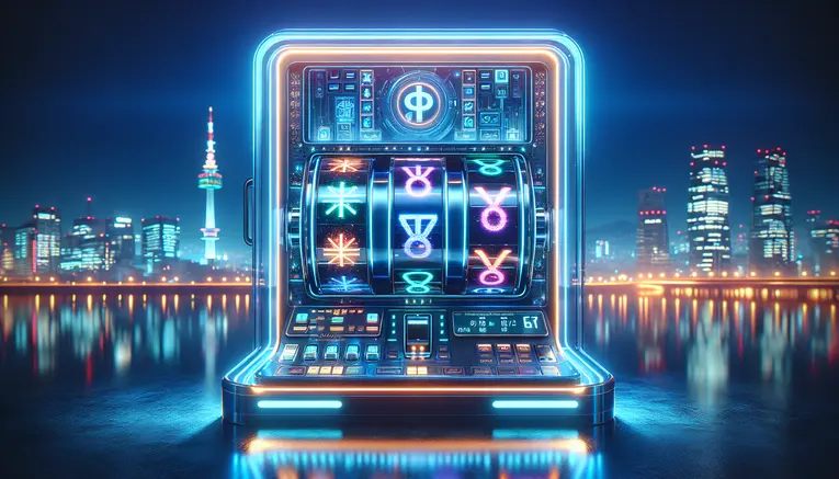 A futuristic digital slot machine interface glowing with blue neon lights, set against a blurred background of the Seoul, South Korea skyline at night, representing Korean slots for Thais.