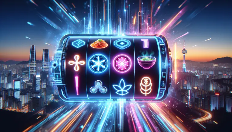 A futuristic digital slot machine with glowing blue neon reels featuring symbols of Korean culture like the Won currency symbol and a K-pop light stick, set against a stylized Seoul cityscape.