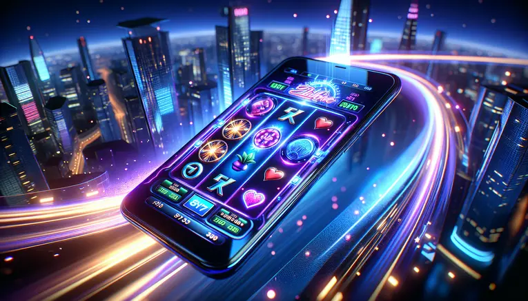 A modern smartphone displaying a vibrant Korean slot game, set against a futuristic night view of Seoul, representing the world of สล็อตเกาหลี (Korean slots).