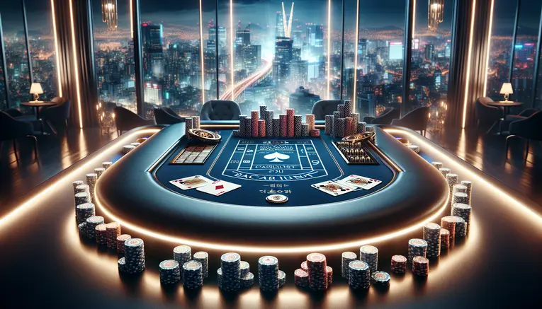 A luxurious online Baccarat setup with playing cards, casino chips, and Korean Won banknotes on a table overlooking the Seoul skyline at night, representing Baccarat Korea on UFAKOREA.