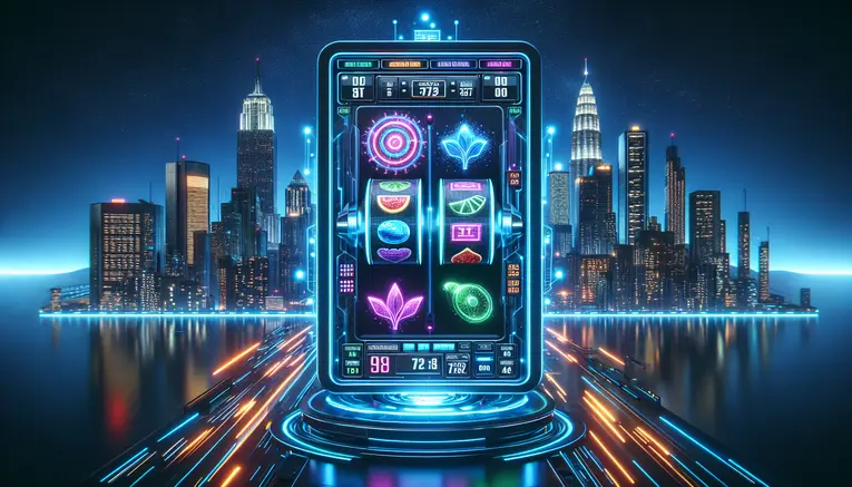 A futuristic holographic slot machine interface glowing with blue neon lights against a stylized backdrop of the Seoul, South Korea skyline, representing a review of the best Korean slot websites.