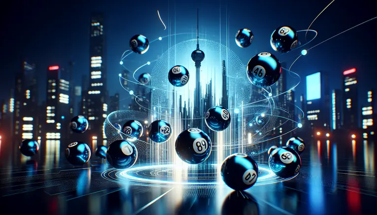 A modern, high-tech image representing the Korean lottery, featuring glossy blue lottery balls floating in front of a glowing digital representation of the Seoul skyline.